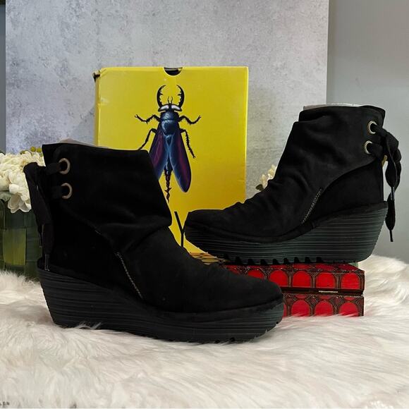 NEW Fly London Suede Oiled Wedge Platform Ankle Boot Yama Funky Edge Bla… - Picture 6 of 14